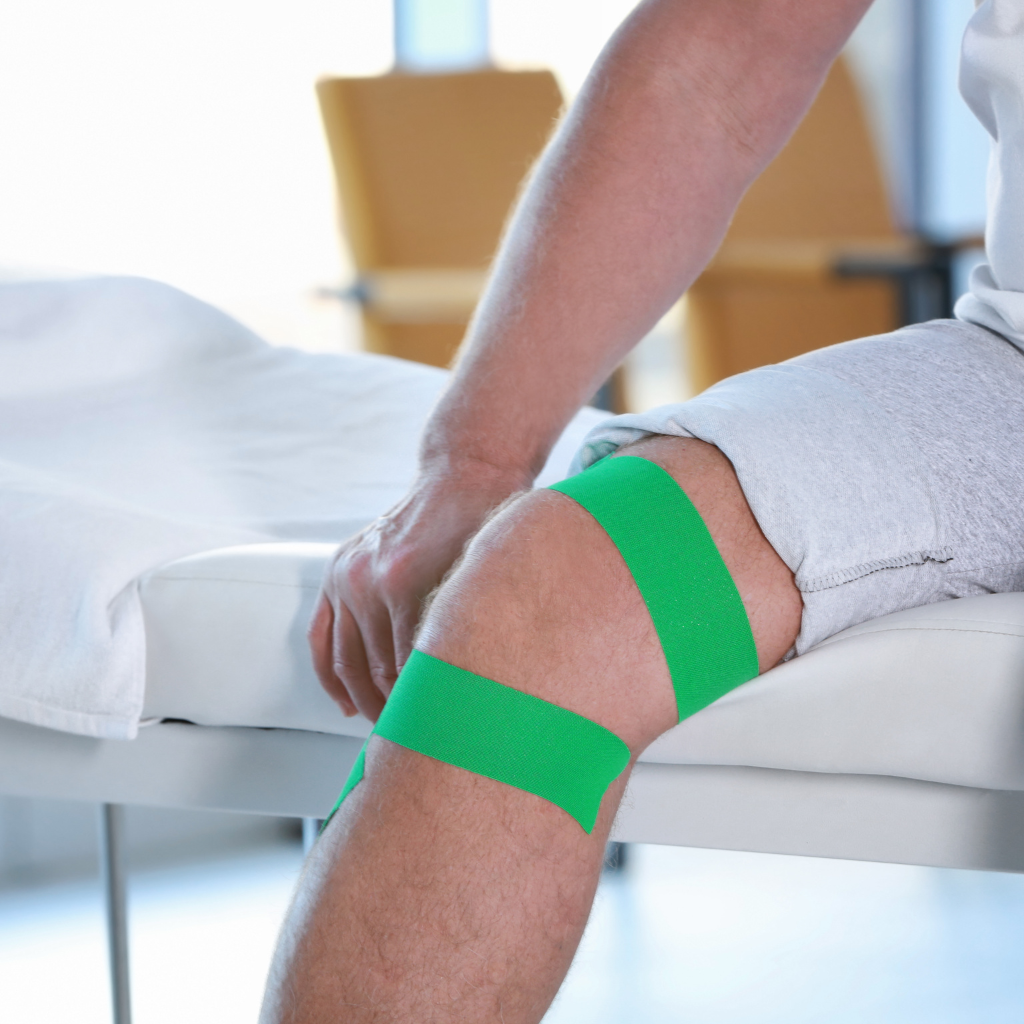 Green kinesio tape applied for knee pain relief and joint stabilization at the Best Kinesio Taping Physiotherapy in JP Nagar.